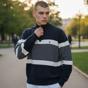 Nautica Blue Sail Men's Quarter Zip Up Stripe Sweater - Navy and White XXL